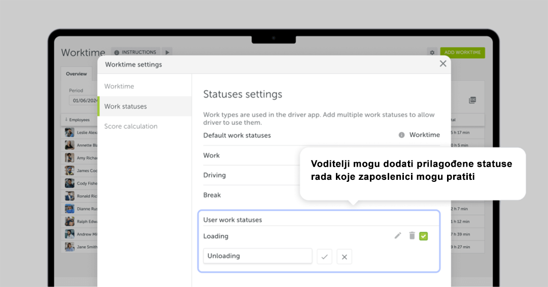 radno vrijeme vozača - prilagođeni statusi
